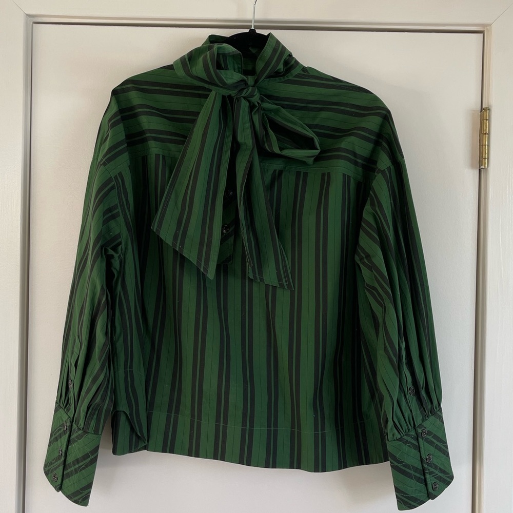 Ganni Mock Neck Tie Stripe Oversized Blouse - Picture 5 of 7